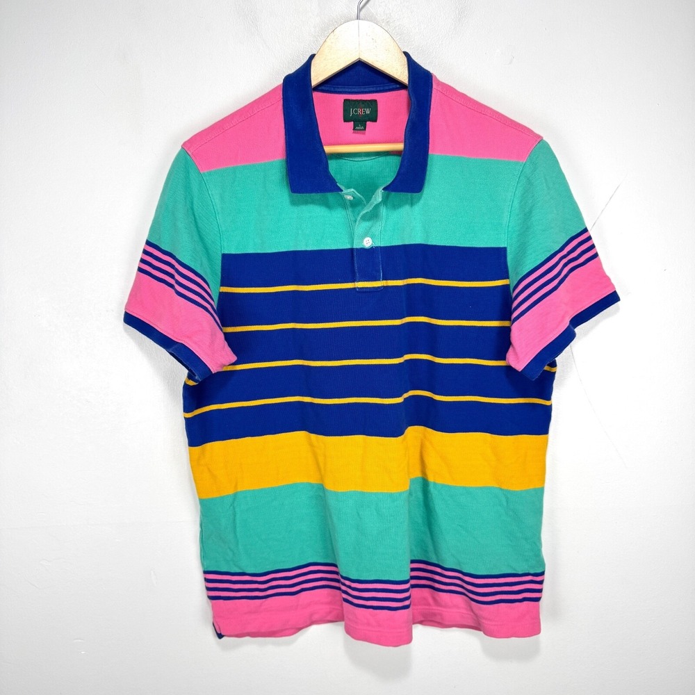J.Crew Oarsman Polo Shirt Men Large Pink Green Blue‎ Striped Knit Cotton Pique